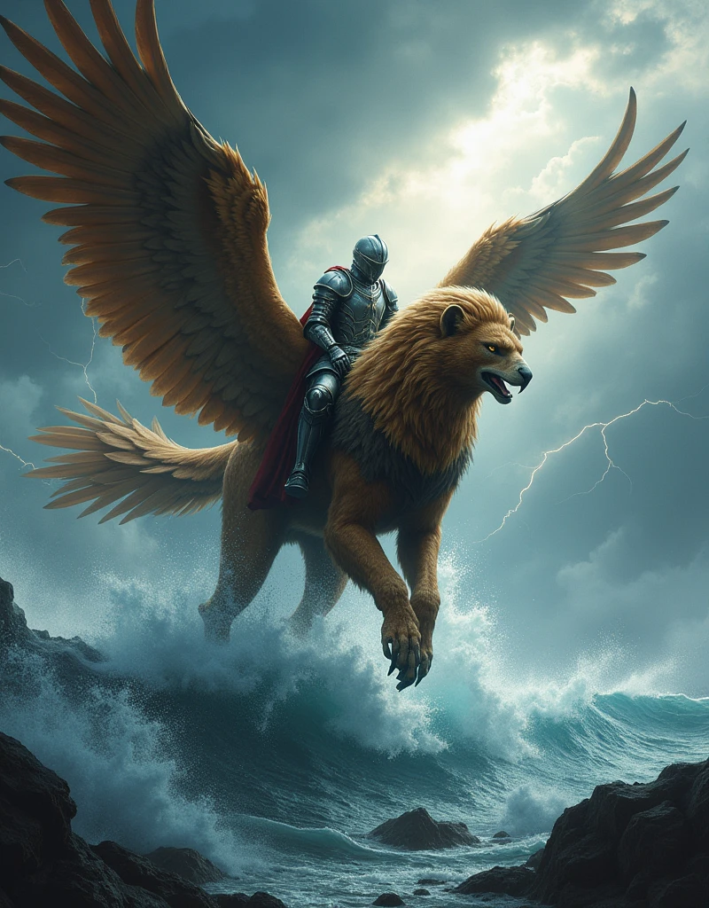 ((Griffin)), battle, Brave, Knight in Armor, Severe storm, Raging Sea, Power and majesty