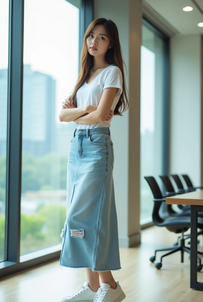 A beautiful lady, asian, Japanese,
Medium height,
arms crossed at chest,
Brown long hair,
Straight Standing in a conference room near a window wall,
Wearing a white short tee,
Wearing a long light blue denim straight skirt ankle length two sides slit and edge damaged and untrimmed,
Wearing white sport shoes,
High resolution, HD Photo,
photographs, photo, real style, 600dpi