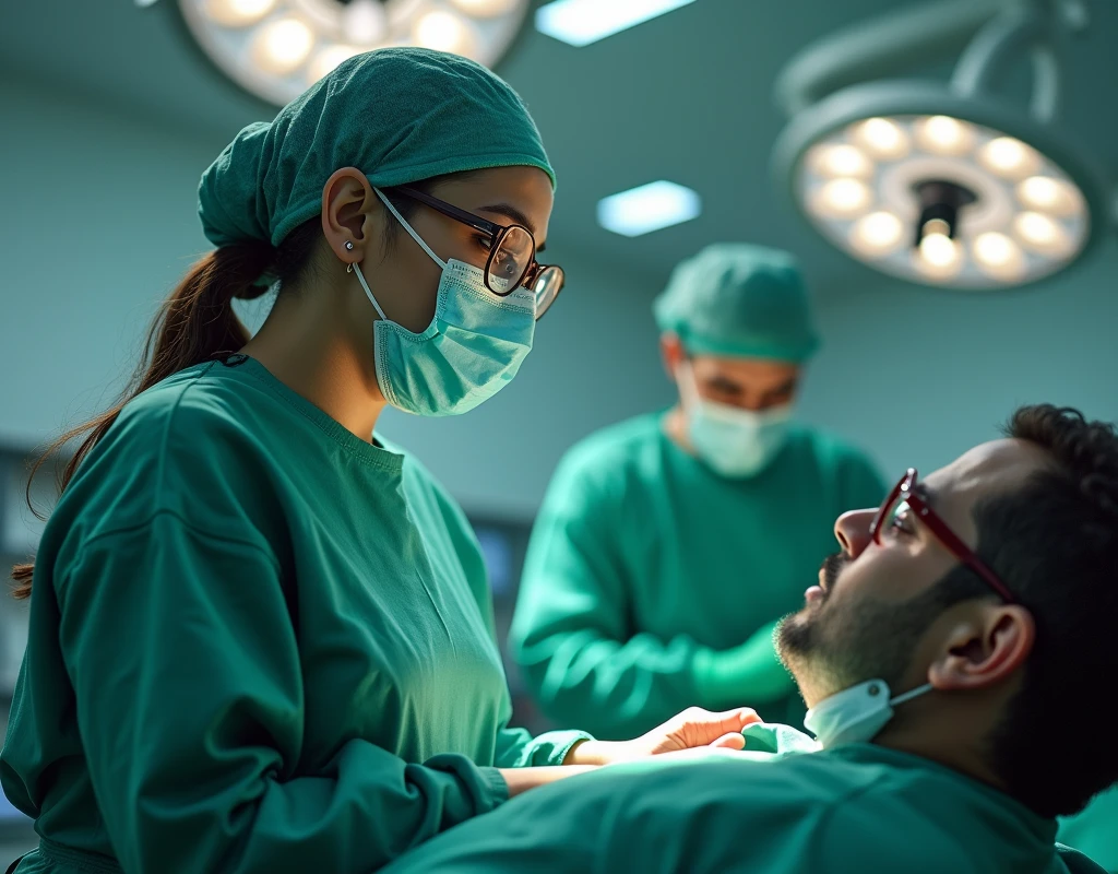 Aishwarya Rai as surgeon, wearing green scrubs, wearing mask and skull cap, wearing surgical glasses, loving male patient, in operation theatre, fullbody view, side view,