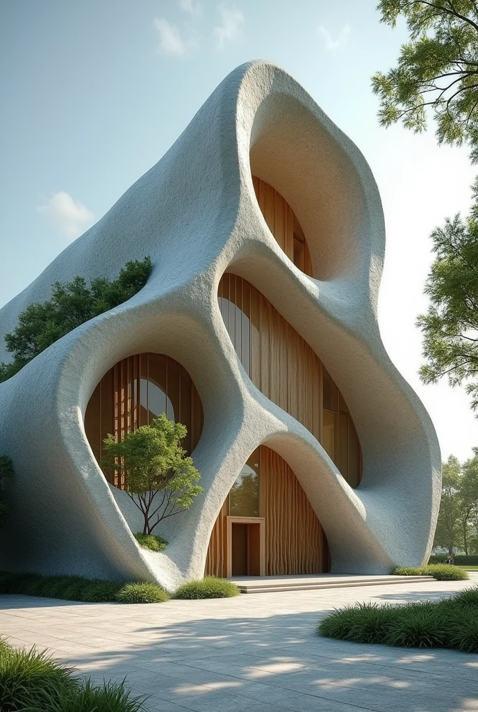 Generate a court that has a symbolic cover that is organic and that takes into account the concepts of hierarchy, rhythm and focal point. Viewed from the outside, this must be an architectural proposal in the form