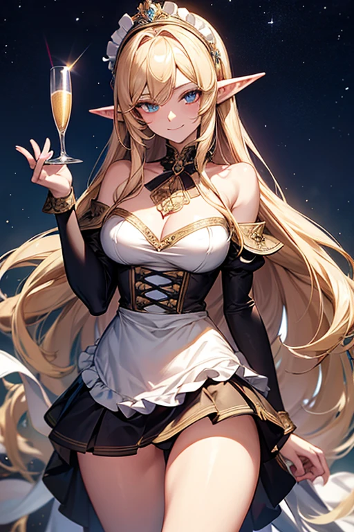 (masterpiece,best quality,ultra-detailed), an anime elf lady who is an elegant and beautiful high-elf maid. She has champagne colored long hair with side-swept bangs, star sapphire slit eyes, high-elf ears, slender body shape, elf curves, wearing beautiful adorned off shoulder maid top, maid short skirt and a maid headband, standing in elegance and grace, smiling elegantly at viewer