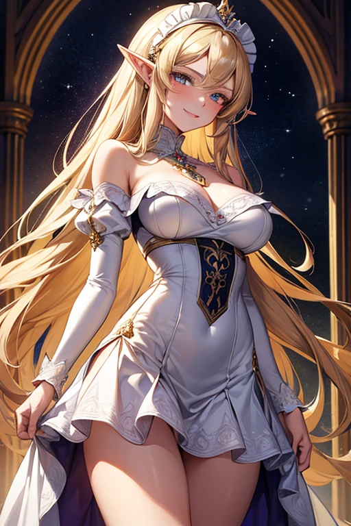 (masterpiece,best quality,ultra-detailed), an anime elf lady who is an elegant and beautiful high-elf maid. She has champagne colored long hair with side-swept bangs, star sapphire slit eyes, high-elf ears, slender body shape, elf curves, wearing beautiful adorned off shoulder maid top, maid short skirt and a maid headband, standing in elegance and grace, smiling elegantly at viewer