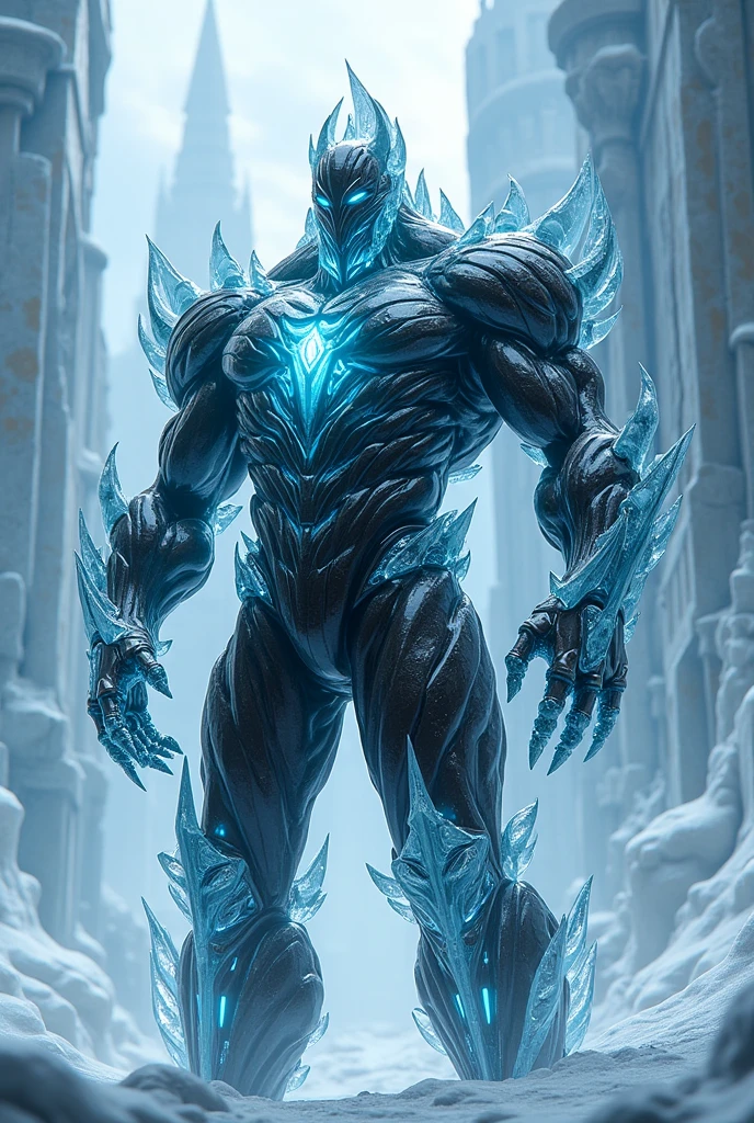 An Ice Golem wearing a black suit In front of a giant ice castle