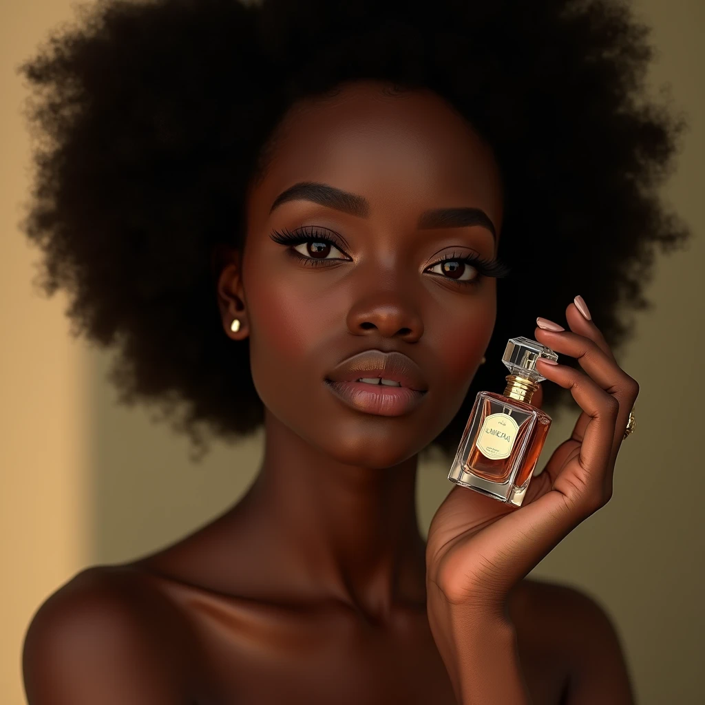 a beautiful ebony-skinned woman, holding a perfume bottle, named LUZ soft natural lighting, simple blurred background, natural hair and subtle makeup, delicate perfume bottle design, vivid colors, lifelike details, realistic and unpolished, elegant and authentic, (best quality,4k,8k,highres,masterpiece:1.2),ultra-detailed,(realistic,photorealistic,photo-realistic:1.37),portrait,natural setting,warm atmosphere,bokeh background
