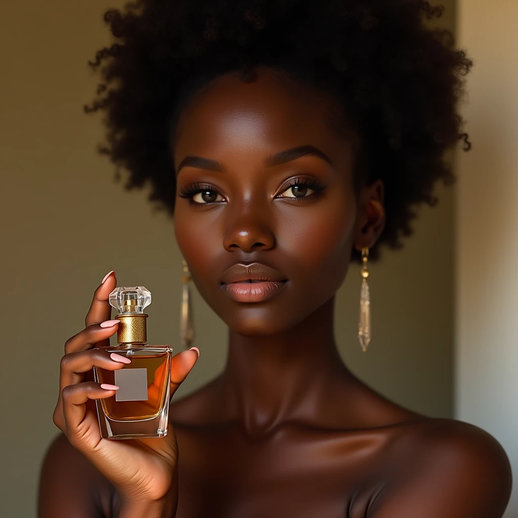 a beautiful ebony-skinned woman, holding a perfume bottle, named LUZ soft natural lighting, simple blurred background, natural hair and subtle makeup, delicate perfume bottle design, vivid colors, lifelike details, realistic and unpolished, elegant and authentic, (best quality,4k,8k,highres,masterpiece:1.2),ultra-detailed,(realistic,photorealistic,photo-realistic:1.37),portrait,natural setting,warm atmosphere,bokeh background