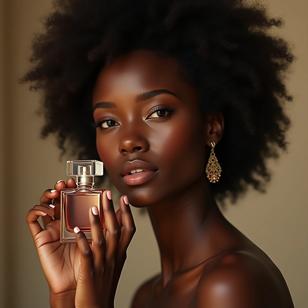 a beautiful ebony-skinned woman, holding a perfume bottle, named LUZ soft natural lighting, simple blurred background, natural hair and subtle makeup, delicate perfume bottle design, vivid colors, lifelike details, realistic and unpolished, elegant and authentic, (best quality,4k,8k,highres,masterpiece:1.2),ultra-detailed,(realistic,photorealistic,photo-realistic:1.37),portrait,natural setting,warm atmosphere,bokeh background