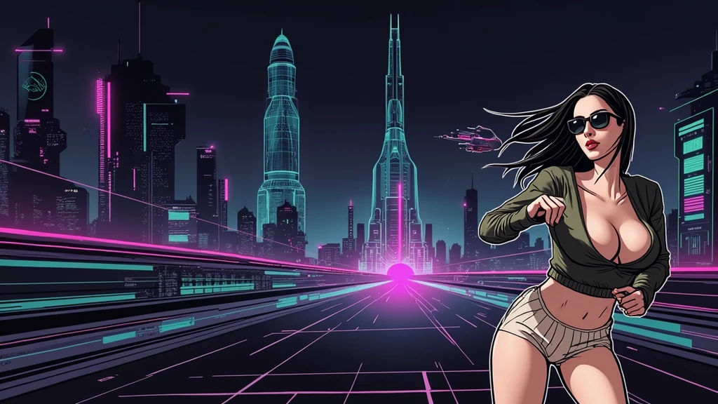 Futuristic cityscapes with colorful all-glass outlined towering skyscrapers with lightning, flying vehicle. High-resolution OLED GUI interfaces in the building, The windows are filled with transparent data visualization infographics that show it all, from weather patterns to traffic flow. Colors are saturated and vibrant. At night, (1girl, solo, alone), photorealistic, large-breast slim:0.6 body, oval:0.5 face, cleavage:1.1, very low angle view of pleated miniskirt, deep-v, (upskirt), glove, (Matrix style black micro sunglasses), dynamic running pose, (half-body thigh level close-up shot), cinematic lighting, ray tracing, motion blur background.