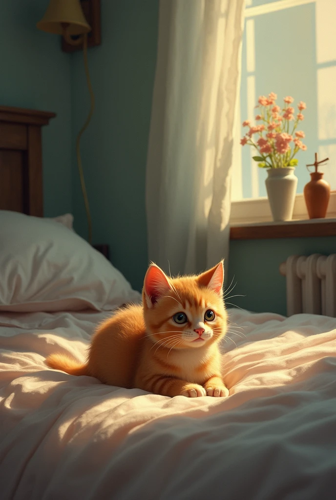 The small ginger cat laid down on the bed room missing the small girl in it's dream picture