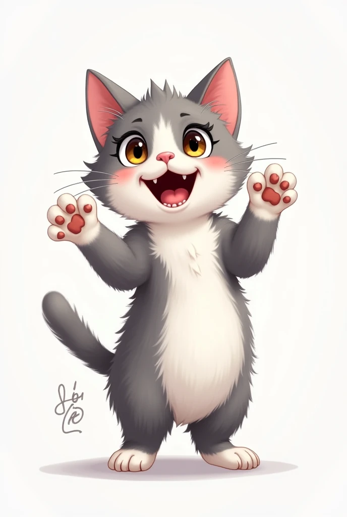 A very happy gray and white cat standing wildly showing its paws and teeth ,that looks like a drawing that is female