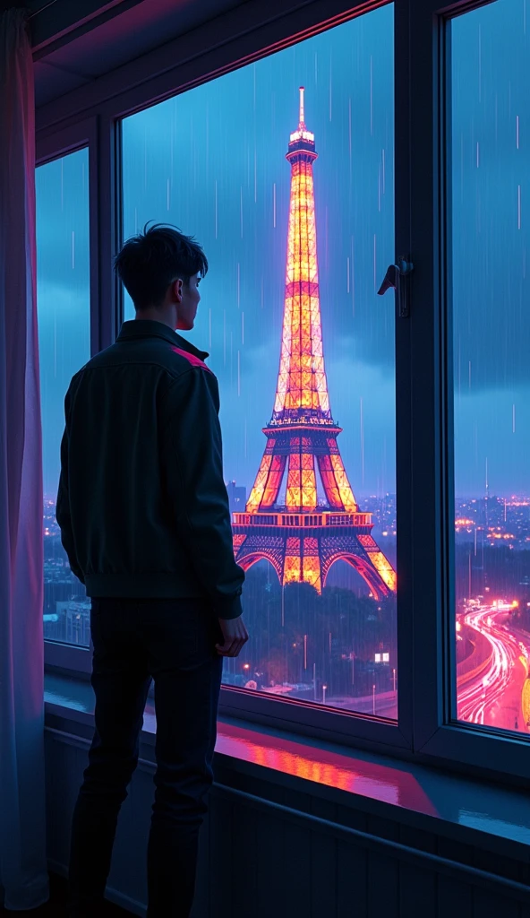 there is a guy standing in front of a window looking at the effile tower , synthwave aesthetic, lofi artstyle, lofi hip hop, lofi aesthetic, cyberpunk atmosphere, lofi vibes, synthwave style, synthwave, synthwave art, lofi art, synthwave art style, retrowave atmosphere, 8 0 s anime vibe, chillhop, cyberpunk vibes Vibrant color anime style --ar 4:3 --niji 6(low and side angle view)(with raining effect)