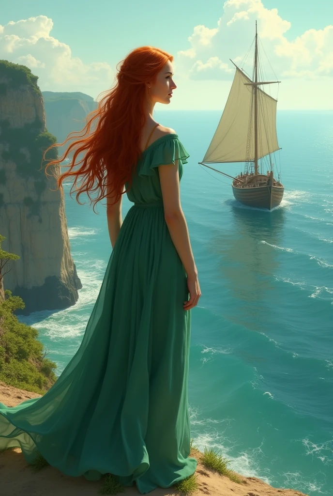 A woman with wavy red hair, backwards, with a long green chiffon dress, Walking along the edge of an abyss watching an old wooden boat arrive in the ocean, in spring