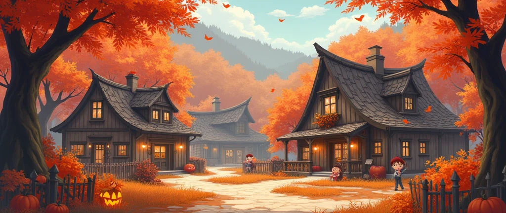 Fall Autumn Aesthetic,Halloween,Cute Village,Town Rustic,Cozy Anime, landscape ,Rustic Orange Maple Leaf Cute Village,Scenery