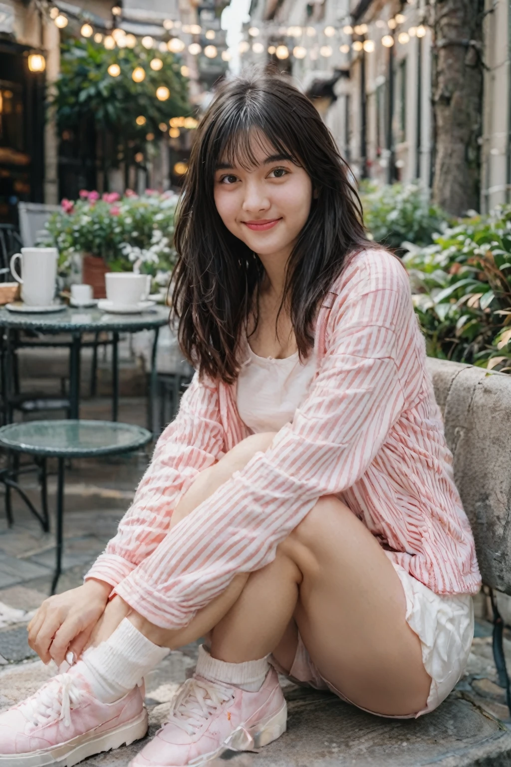 A high-resolution, wide angle shot, 4K portrait of a beautiful 20-year-old woman with a happy smile, detailed skin, and clear eyes. 
She has long, messy black hair with bangs and dark brown eyes with slight dark circles, looking at viewer. 
The image features natural, soft lighting with a low contrast and film grain effect. 
She has perfect shaped medium breast. 
She is dressed in Candy Striped Pajama Set
Description: A pink and white candy-striped pajama set with a button-up top and matching shorts. The top is cropped and fitted, while the shorts are short with a drawstring waist.
Accessories: Style with fluffy slippers, a sleep mask, a pink satin scrunchie, and a stuffed animal prop.
Sitting in An outdoor cafe with small tables and chairs set on a cobblestone patio, surrounded by potted plants and string lights overhead. The cafe has a cozy, relaxed atmosphere with umbrellas providing shade and a view of a busy street or a garden. 
The composition emphasizes ultra-detail, sharp focus, and vivid colors, with HDR and UHD quality, capturing a whimsical and dreamy aesthetic with a bokeh background. Looking at viewer