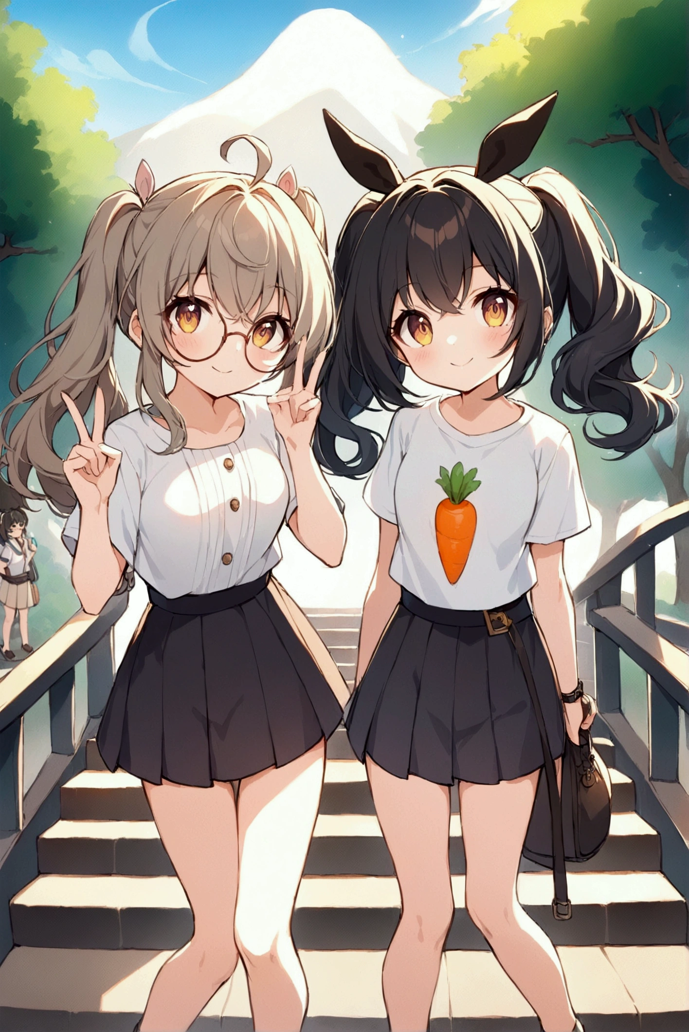 Full body illustration，Xiaoxuan（left）and Xiaohong（right）standing outdoors，Stairs with trees and sunlight in the background。Both characters are high school girls，With a more feminine look，Smile and act cute「in」word gesture。Xiaoxuan站在left邊，Has light brown curly double ponytails，Wearing big round glasses，Wearing a white high school top and dark pleated skirt，With school shoes。Her posture is cute and feminine，Fits the body shape of high school girls。小紅站在right邊，Short black hair with bob head，Wearing a 4XL oversized white T-shirt with a carrot print，not wearing pants，Pair with comfortable shoes。Her body shape is also more like a typical high school girl，Enhances her cuteness and femininity。The entire scene is rendered in a vibrant watercolor style，Soft colors enhance the warm and sunny atmosphere，and notice the design and expressions of the characters，Showing off their full body looks from head to toe，breeze blows，Clothes fly up。Looking up at the camera, 