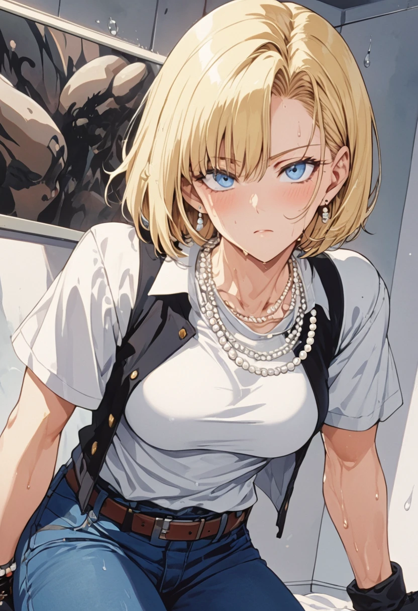 masterpiece, Highest quality, High resolution, (Artificial Human Room No. 18),1990s \(style\),(E-cup beautiful breasts)、height: 170cm,Sweating all over the body、vapor、Muscular、(sexy)、Sweaty、Composition from the front、独奏,Anime-style painting style, blonde hair, Blue eyes, belt, jeans, pearl_necklace, bracelet, black gloves, white shirt, short hair, short sleeves, earrings, blue pants, open vest, black vest,middle breasts,expressionless、Composition focusing on the upper body,(Cool face)、Pointed eyes