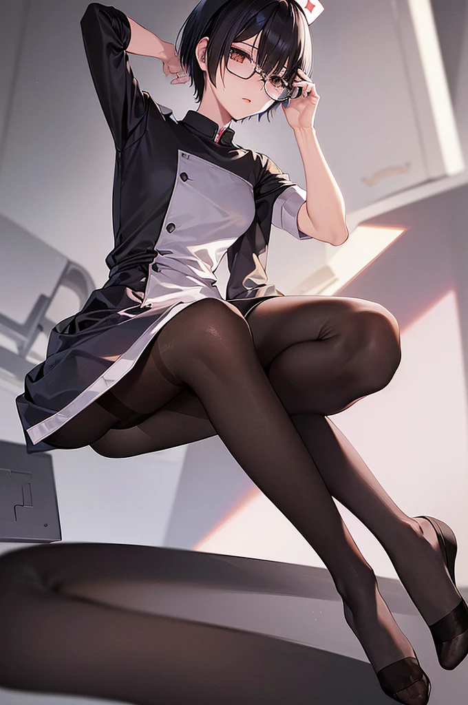 masterpiece, best quality,anime style, 1 girl,(((slender body))), (((small eyes))),(((nurse uniform,black pantyhose,glasses))), (beautiful face), (((short hair))), (((straight hair))), ((((black hair)))),detailed beautiful skin, (perfect hands, perfect anatomy),scream