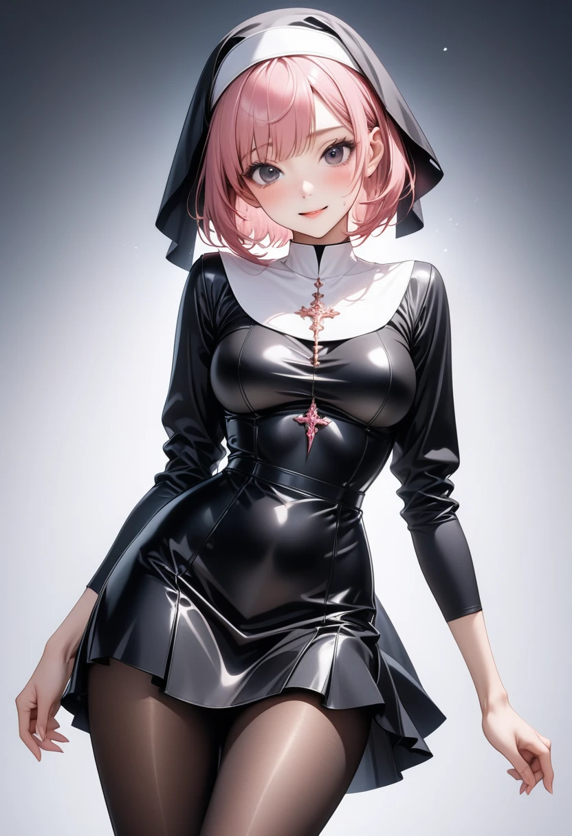 ((((traditional nun a black)), panties, skirt, Pantyhose, Stiletto heels)), ((Shiny Costumes)), (skindentation), skinny, alone, solo, Masterpiece, highest quality, highest quality, 16K, incredibly absurd, highly detailed, 2.5D, ai-generated, delicate and dynamic, very delicate facial expressions, delicate eye depiction, erotic, only sexy woman, ((A cute and kind face)), healthy figure, ((1 woman)), 160cm tall, ((medium firm swaying bust)), medium breasts, (short hair), Straight Hair, (pink hair:1.5), bob cut, black eye, blush, Sweat,Embarrassed,sexy, ((thin thighs)), shiny and lustrous, facing straight at viewer, smile, ((standing)), ((arm at side)),