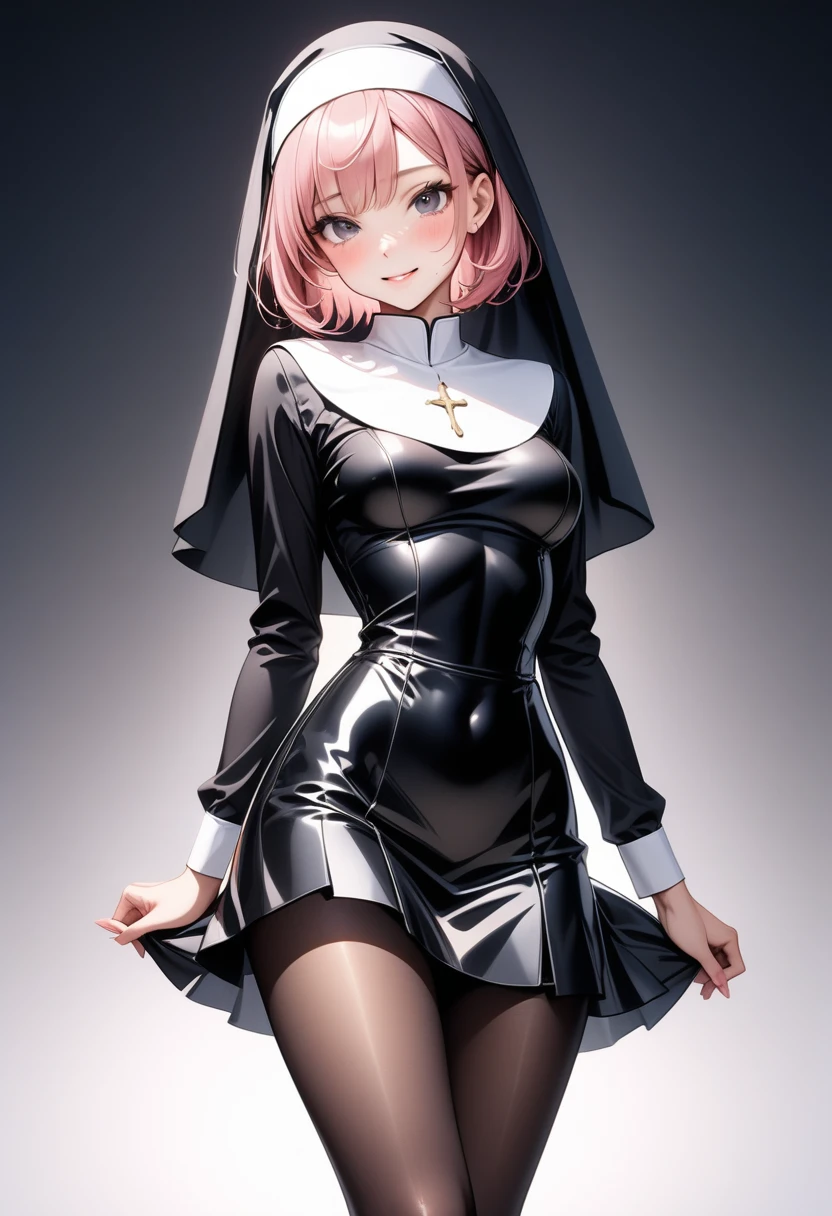 ((((traditional nun a black)), panties, skirt, Pantyhose, Stiletto heels)), ((Shiny Costumes)), (skindentation), skinny, alone, solo, Masterpiece, highest quality, highest quality, 16K, incredibly absurd, highly detailed, 2.5D, ai-generated, delicate and dynamic, very delicate facial expressions, delicate eye depiction, erotic, only sexy woman, ((A cute and kind face)), healthy figure, ((1 woman)), 160cm tall, ((medium firm swaying bust)), medium breasts, (short hair), Straight Hair, (pink hair:1.5), bob cut, black eye, blush, Sweat,Embarrassed,sexy, ((thin thighs)), shiny and lustrous, facing straight at viewer, smile, ((standing)), ((arm at side)),