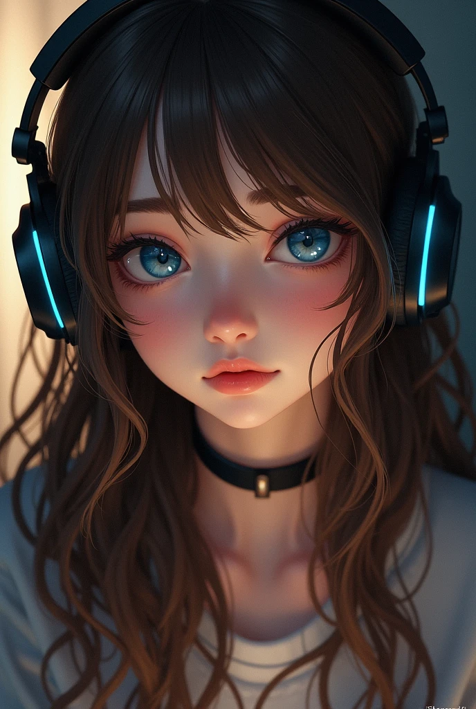 Long hair, looking at the viewer, blue eyes, Brown hair, very long hair, Chapped lips, headphones, blush, 1 girl, video game player