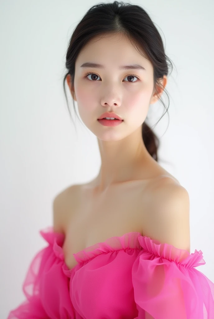 A female with white background her face front she is in pink dress frock her face front