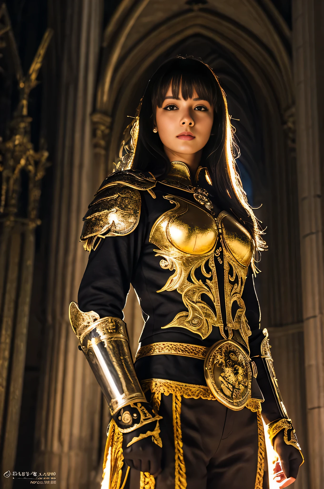 best quality, masterpiece, HDR photorealistic image, extremely detailed, great lighting, BREAK, Female brazilian knight in full armor, hkstyle, white armor with gold decoration, bangs, earrings, holding a legendary sword by the hilt, the sword glowing rainbow, in a gothic cathedral, shafts of light from the windows, High Definition HD, High Detail, Perfect Composition, dark fantasy movie, cowboy shot