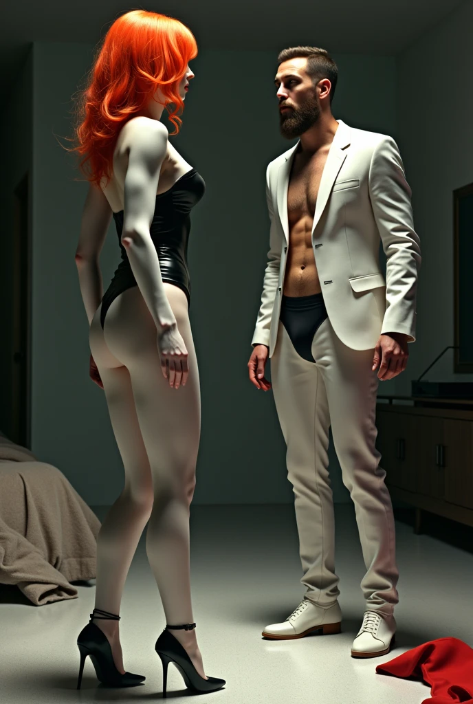 A beautiful white woman with red hair and orange hair wearing a black leather outfit, man in white in black underwear, on the floor there is a dress and a suit, the man looks in surprise but says ohh