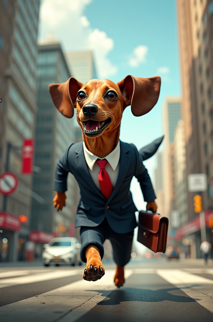 An anamorphic dachshund in a business suit tie a flapping with wind lines in a cityscape carrying a briefcase running down the street