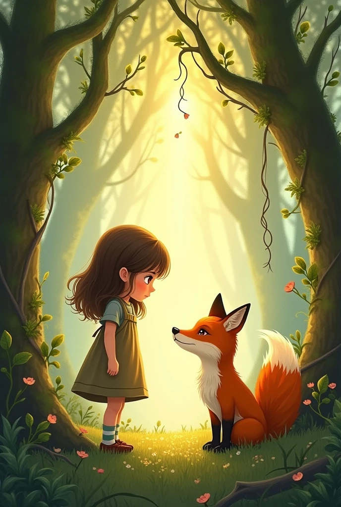 An illustrated image of a small girl and a fox in an enchanted forest