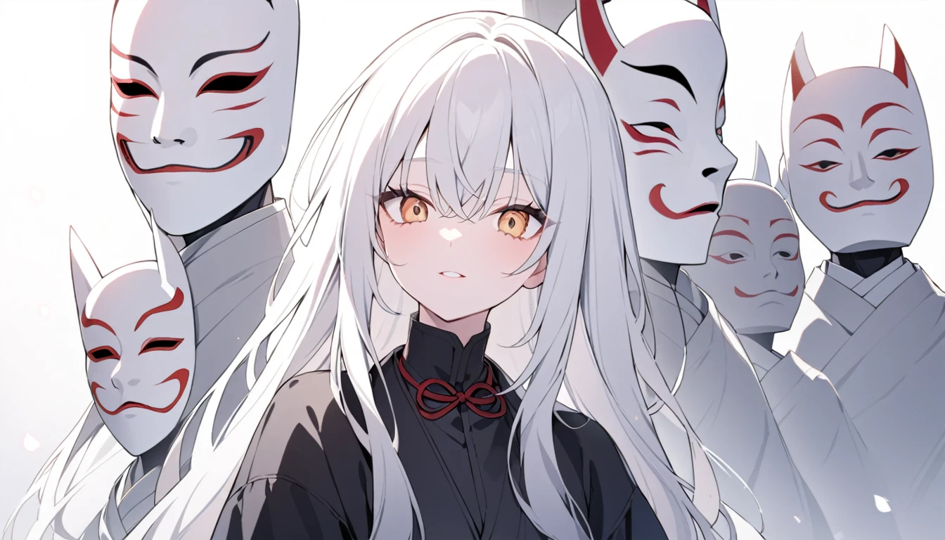 A white-haired woman wearing a man's Noh mask,
