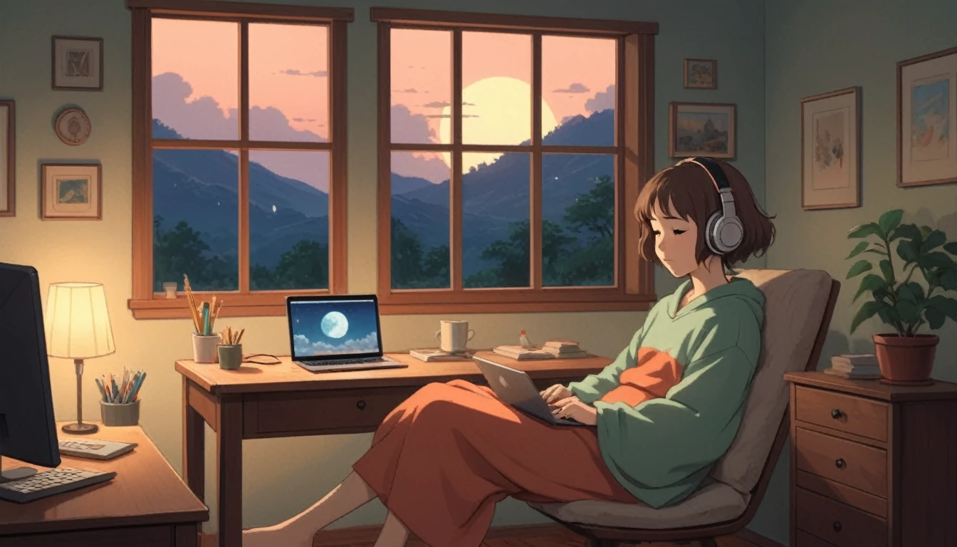Create an illustration of a cartoon character wearing headphones and sitting at a desk with a laptop, designed with a Lofi Artstyle, inspired by Satoshi Kon and Studio Ghibli aesthetics. The character, in a serene and cozy bedroom setting, should have a relaxed, sleepy expression. The desk can have a soft nightlight and a calming environment to emphasize the sleep theme. Use Ghibli anime style and Lo-fi feeling to evoke a tranquil atmosphere suitable for winding down. The scene should include elements like a comfy blanket, a pillow, and a gentle night sky visible through a window, reflecting the aesthetic of Chihiro Fujisaki from Ghibli’s works.