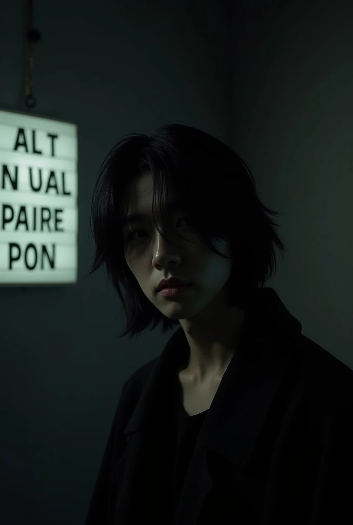 A sign that says I'm facing a Korean guy who looks like DPR ian in the dark and you have your hair forward covering your face