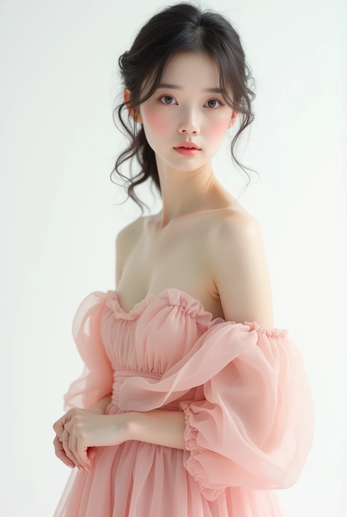 A female with white background her face front she is in pink dress frock her face front full dress