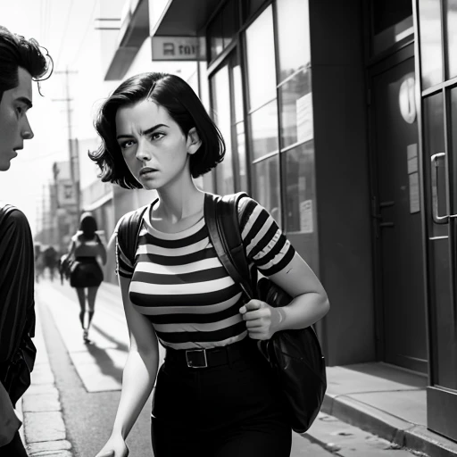 "black and white Mid Century style: A young woman with an expression of exhaustion and frustration, dragging a large leather backpack on the ground. He wears a striped shirt and fitted pants, typical of the 50s."