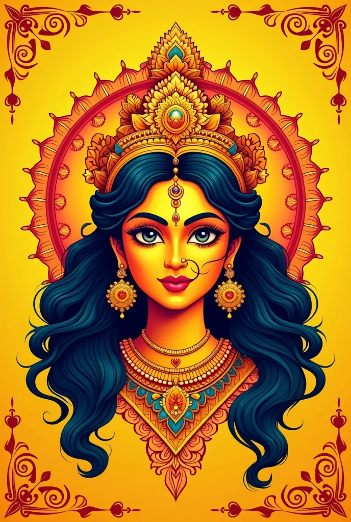 happy durga puja festival banner design in yellow background with goddess durga face illustration
