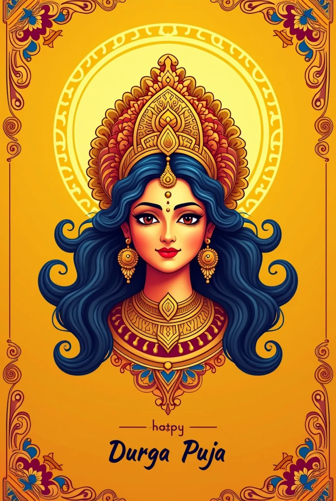 happy durga puja festival banner design in yellow background with goddess durga face illustration