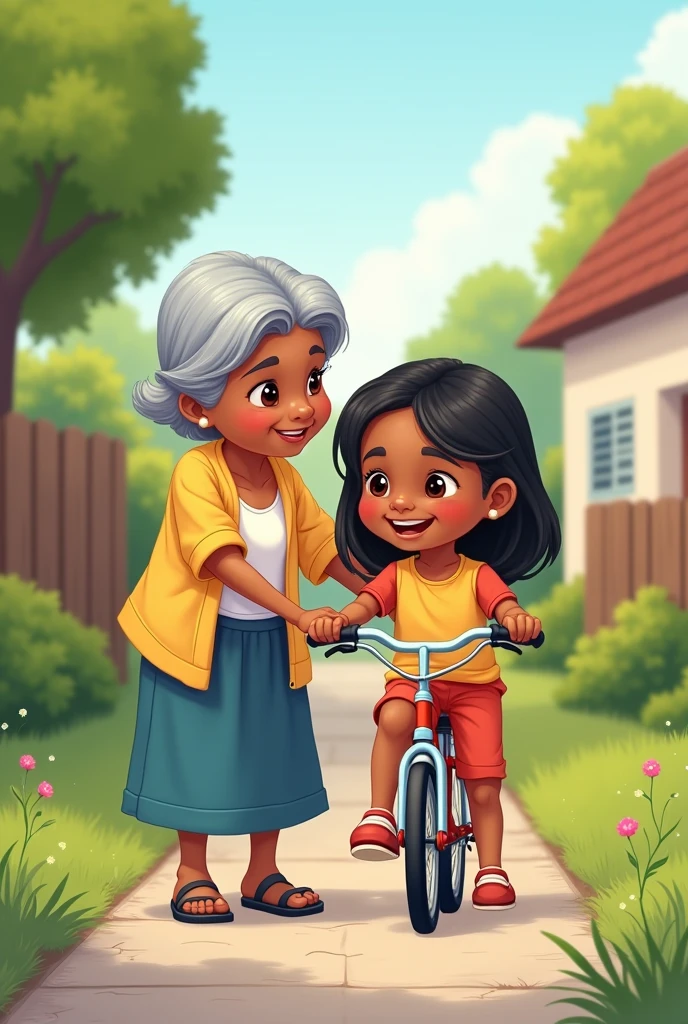 A cartoon girl with dark skin and straight hair and her grandmother motivating her to ride a bike