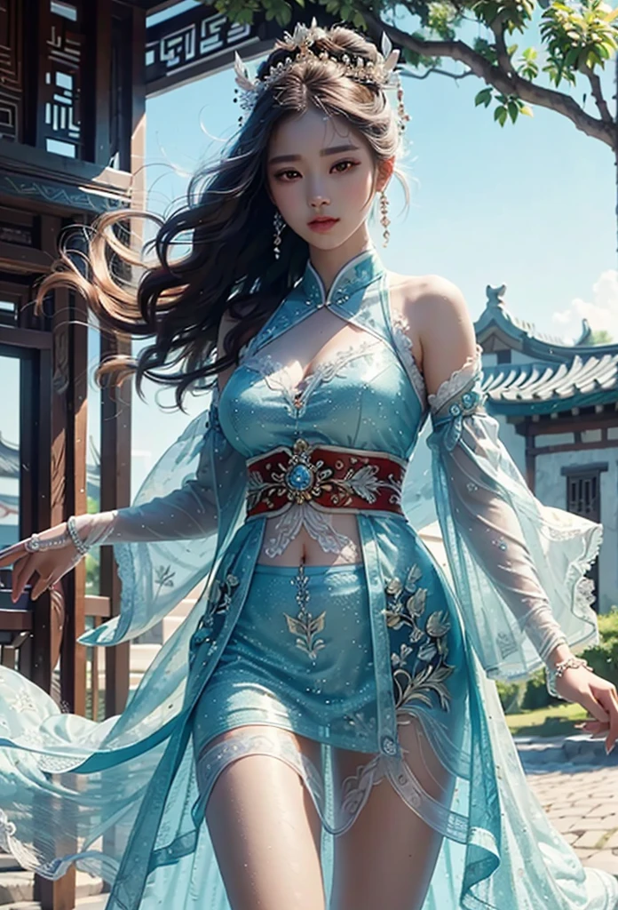 ultra realistic photo, natural light, realistic, highly detailed, photography, Crouching full body shot of a beautiful girl in traditional Hanbok, (Empress of Joseon Dynasty_glamour, elegance, aura, intricate and delicate details), perfect face with detailed details, ornate hair decoration, (fluorescent Hanbok_white jeogori with ties, fluffy green skirt, red embroidery points, delicate details), Korean beauty, close up from top to bottom, dynamic angle, amazing, attractive, innocence, blurry natural outdoor background, 8k, best quality, highly detailed and realistic, cinematic,