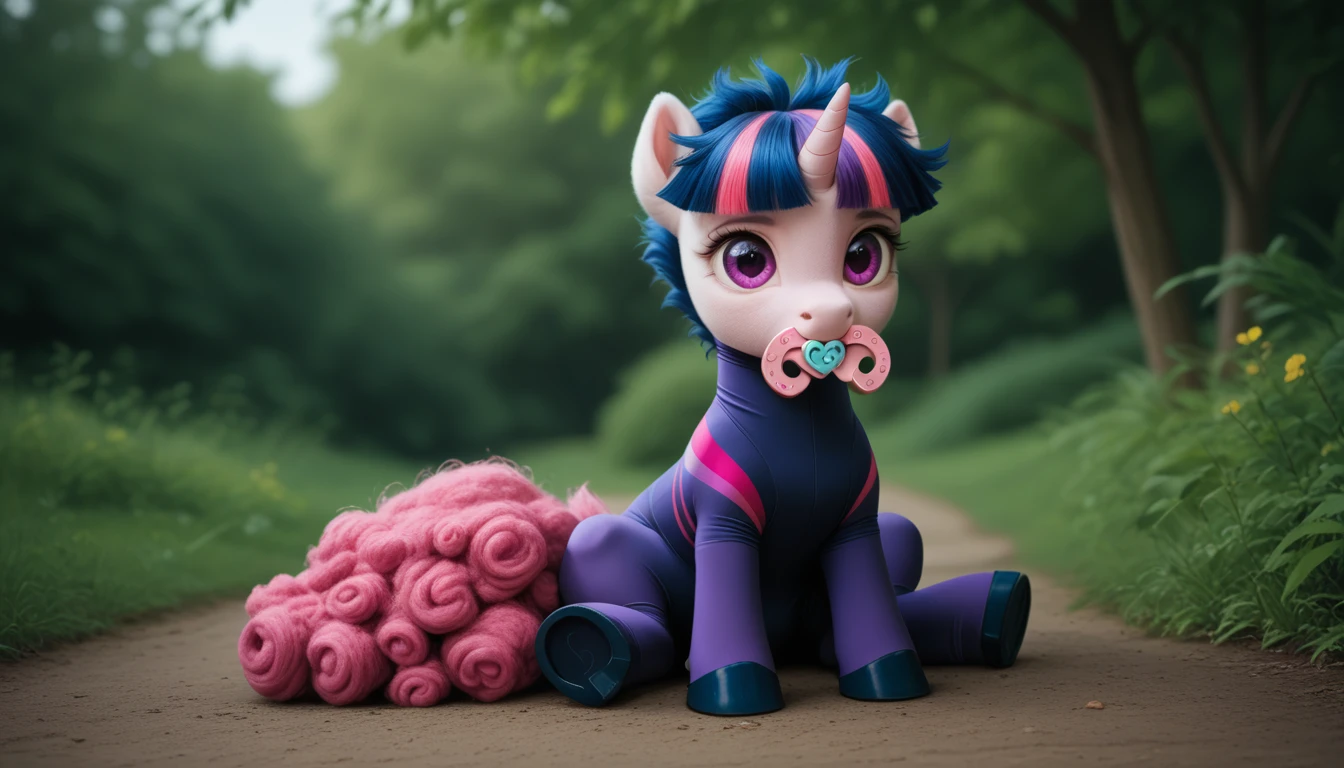 pony, Unicorn, purple wool, dark blue mane with purple streak and pink streak, the tail is dark blue with a purple strand and a pink strand, purple eyes, sitting outside, adult filly, dressed in a bodysuit and booties, pacifier in mouth, solo, thick diaper under clothes.