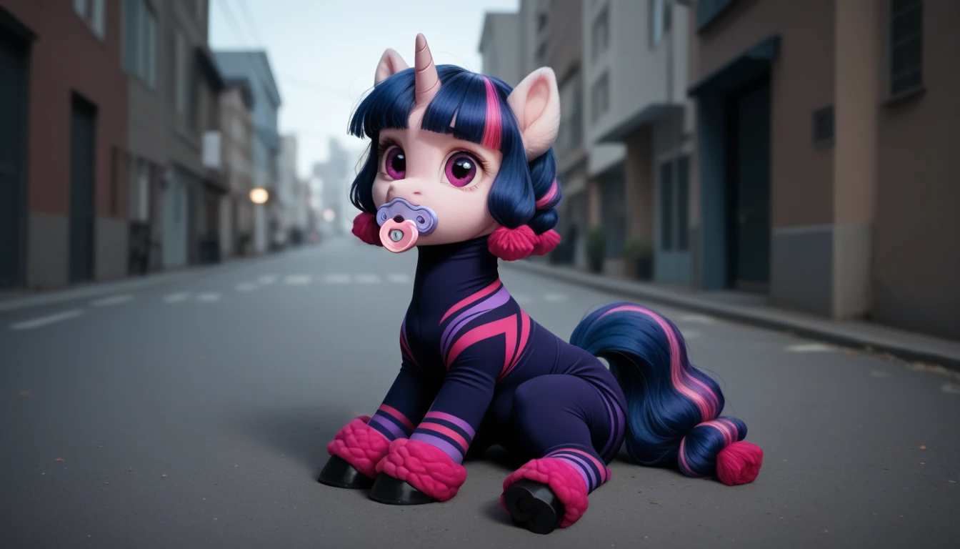pony, Unicorn, purple wool, dark blue mane with purple streak and pink streak, the tail is dark blue with a purple strand and a pink strand, purple eyes, sitting outside, adult filly, dressed in a bodysuit and booties, pacifier in mouth, solo, thick diaper under clothes.