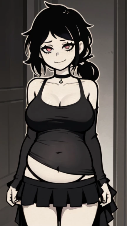 ashleyvk, 1girl, solo, black hair, medium breasts, choker, long hair, anime coloring, bare shoulders, mini skirt, smile,  looking at the viewer, stands apart, no other people, ((belly stuffed)), ((huge belly)), ((Very drunk)), ((staggers)), (tight clothes)