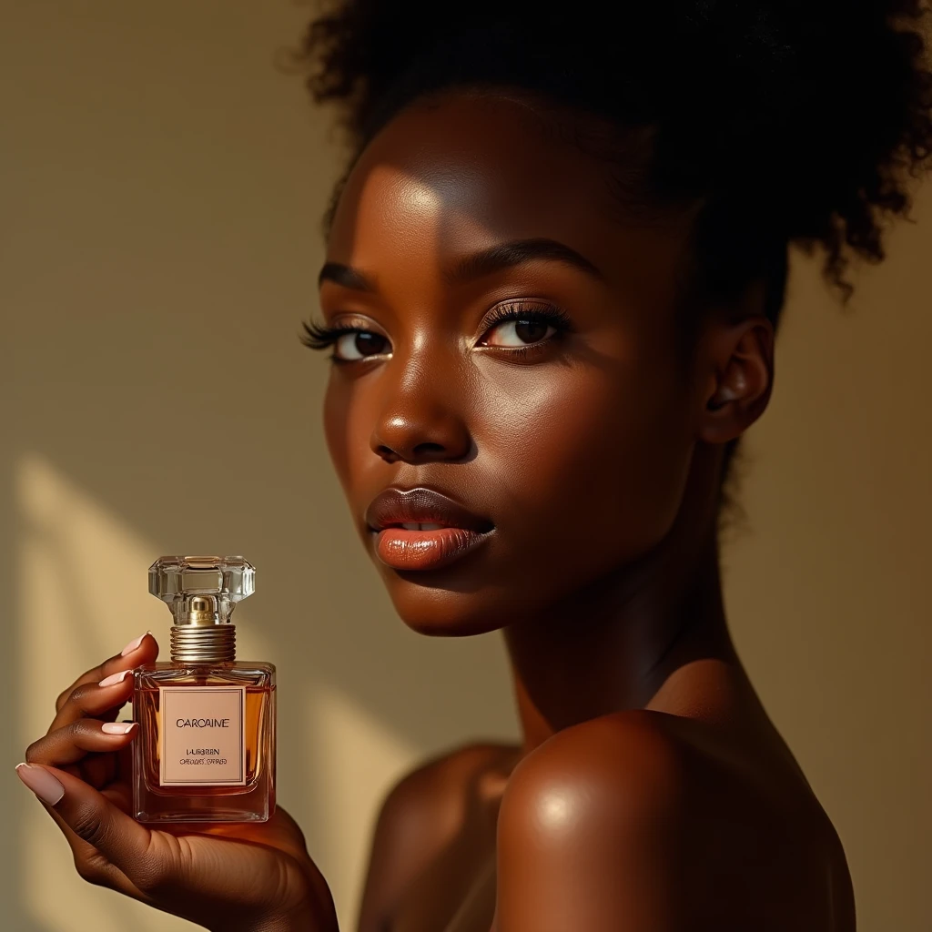 a beautiful ebony-skinned woman, holding a perfume bottle, la marca y texto es “LUZ” soft natural lighting, simple blurred background, natural hair and subtle makeup, delicate perfume bottle design, vivid colors, lifelike details, realistic and unpolished, elegant and authentic, (best quality,4k,8k,highres,masterpiece:1.2),ultra-detailed,(realistic,photorealistic,photo-realistic:1.37),portrait,natural setting,warm atmosphere,bokeh background