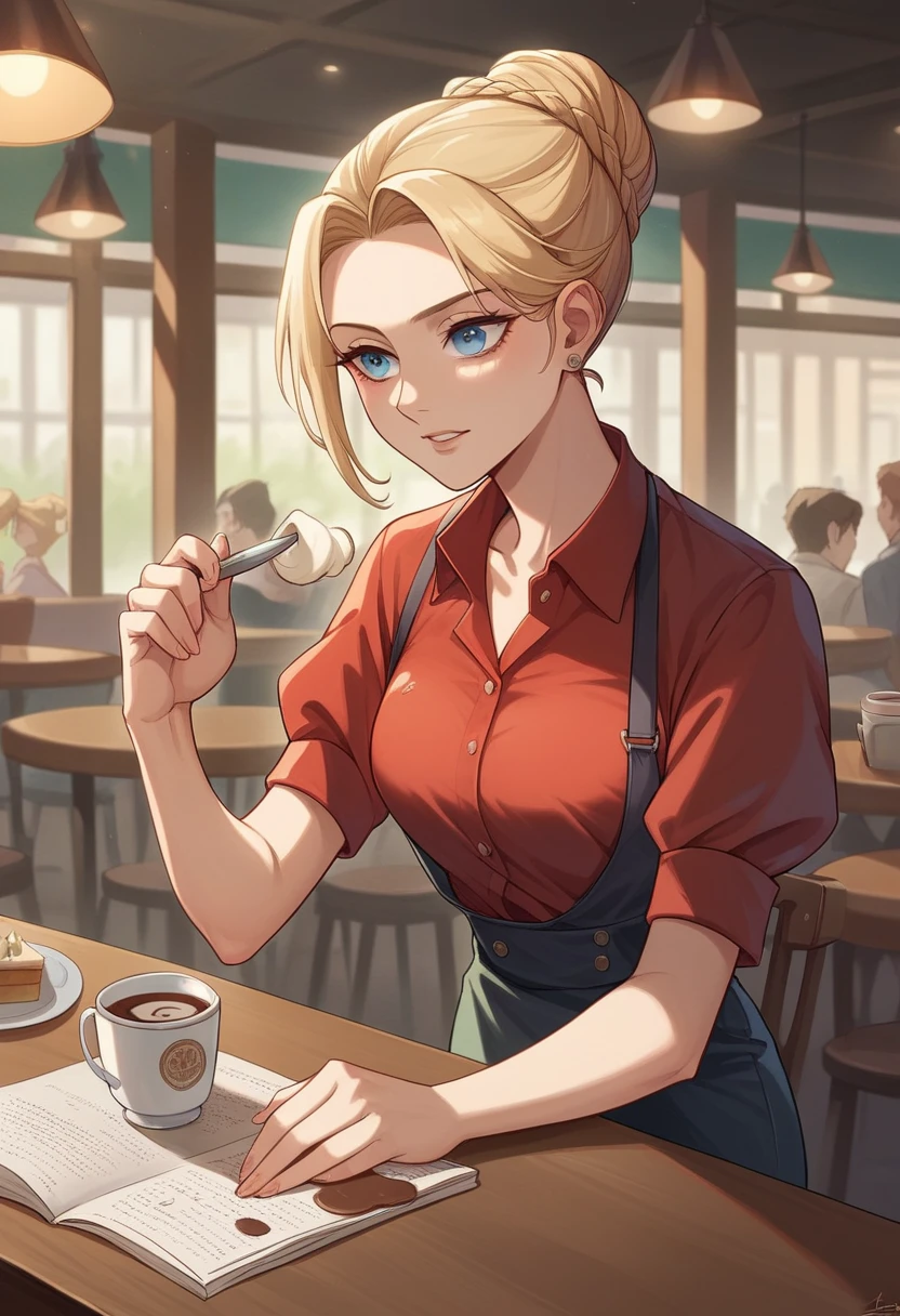  Elestina Plantoria in a café, consulting her documents. She is dressed in a cream-colored suit paired with a luxurious salmon red shirt. Her hair is short with more blonde streaks and fewer brown streaks, slicked back perfectly. She has light blue eyes and fair skin. The scene captures her seated at a café table, focused on her documents with a cup of coffee nearby, in a vibrant and detailed comic book style.