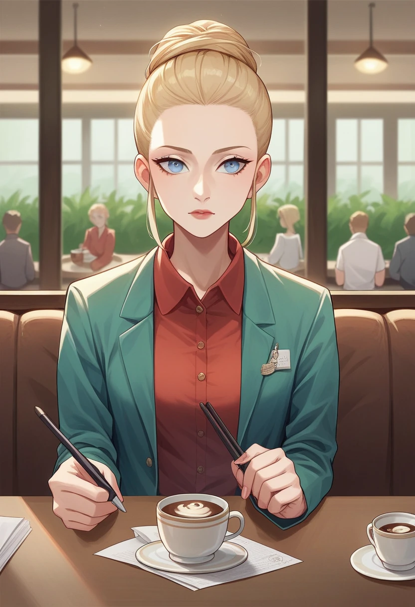 Elestina Plantoria in a café, consulting her documents. She is dressed in a cream-colored suit paired with a luxurious salmon red shirt. Her hair is short with more blonde streaks and fewer brown streaks, slicked back perfectly. She has light blue eyes and fair skin. The scene captures her seated at a café table, focused on her documents with a cup of coffee nearby, in a vibrant and detailed comic book style.