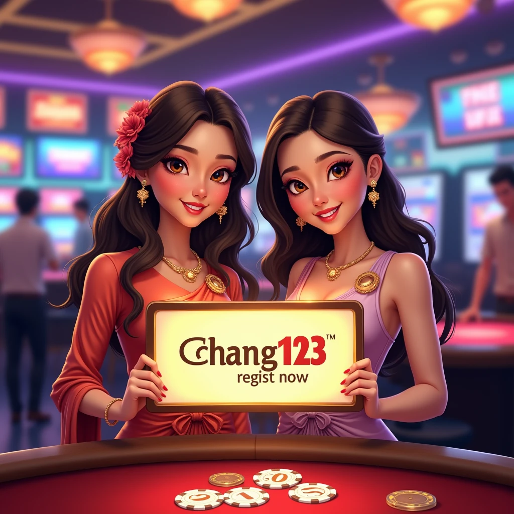 PG SLOT >> [chang123th.featuring] Direct web, upper body, two beautiful Thai women holding a sign "CHANG123 REGIST NOW" Cheerful, Happy, Casino Background, Thai Dress, Real Cartoon Pixar, Broken Chest, Standing Behind Poker Table, White Skin ,curvy