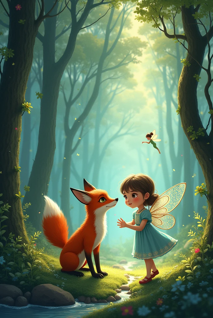 An illustrated image of a small girl and a fox in an enchanted forest with a fairy