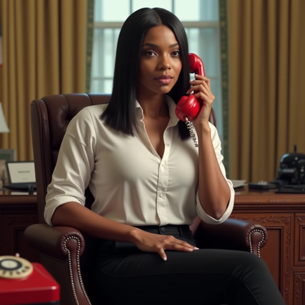 masterpiece, best quality, 1 woman, solo, beautiful faur-skinned African and Asian mixed 6, slightly overweight, shoulder length straight hair, standing in modest white on down shirt and business black pantsuit sitting at desk in oval office talking on red rotary phone