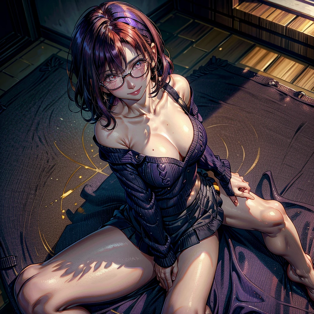 1 woman, short hair, curly hair, (natural redhead), yellow eyes, round glasses, chest a little big, ((Purple loose sweater)), bare shoulders, (Strapless), smile, smile coqueta, smile picara, full blush, flushed, (Mole on lips), Mole on shoulders, black skirt, sitting en un jardín interior, shine, simple background, sitting, from above, High resolution, anatomically correct, Very detailed, textured skin, UHD, high quality, HD Model, (Whole body), warm environment, lightning.