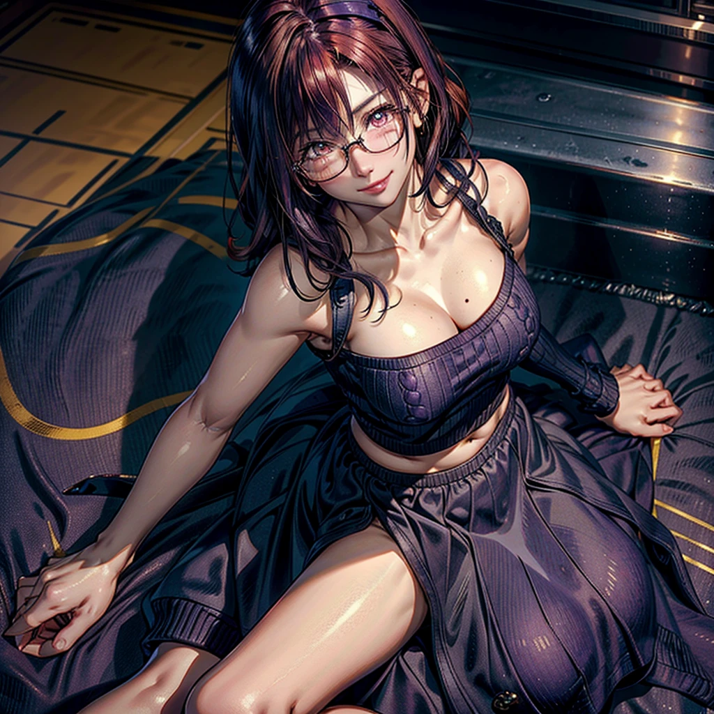 1 woman, short hair, curly hair, (natural redhead), yellow eyes, round glasses, chest a little big, ((Purple loose sweater)), bare shoulders, (Strapless), smile, smile coqueta, smile picara, full blush, flushed, (Mole on lips), Mole on shoulders, black skirt, sitting en un jardín interior, shine, simple background, sitting, from above, High resolution, anatomically correct, Very detailed, textured skin, UHD, high quality, HD Model, (Whole body), warm environment, lightning.