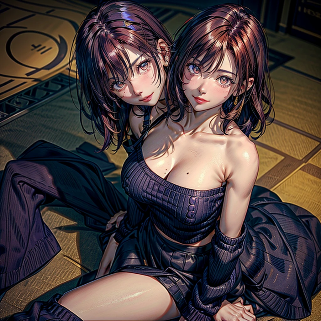 1 woman, short hair, curly hair, (natural redhead), yellow eyes, round glasses, chest a little big, ((Purple loose sweater)), bare shoulders, (Strapless), smile, smile coqueta, smile picara, full blush, flushed, (Mole on lips), Mole on shoulders, black skirt, sitting en un jardín interior, shine, simple background, sitting, from above, High resolution, anatomically correct, Very detailed, textured skin, UHD, high quality, HD Model, (Whole body), warm environment, lightning.