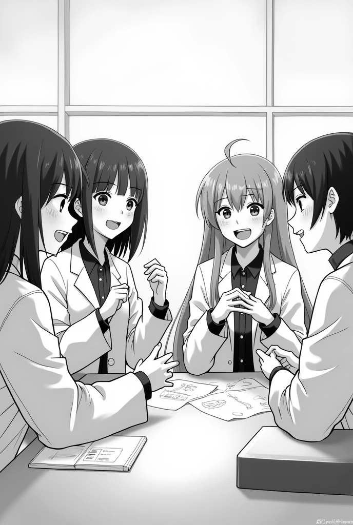 The camera zooms out as the girls laugh and share ideas for future experiments., hinting that his passion for science is just beginning. Black and white anime version
